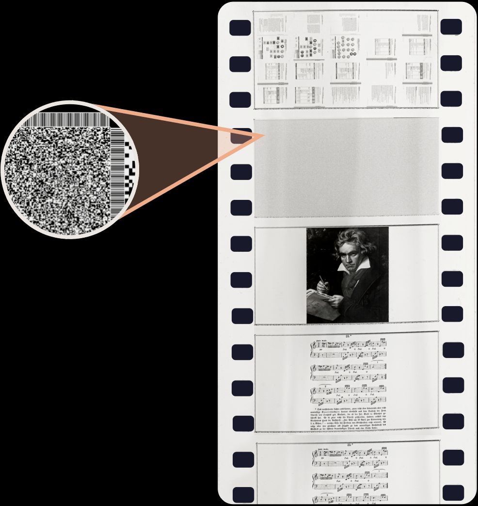 Piql film magnifying the QR code containing data.