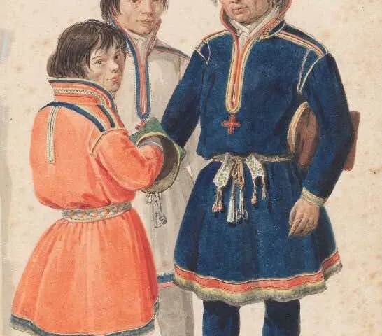 An illustration of two people in traditional Sámi dress.