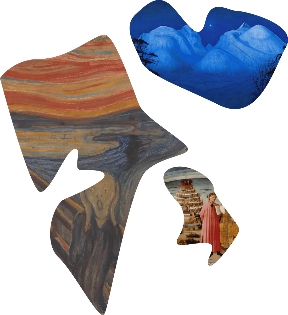 A map of Svalbard with artworks masked inside the shape of the archipelago.