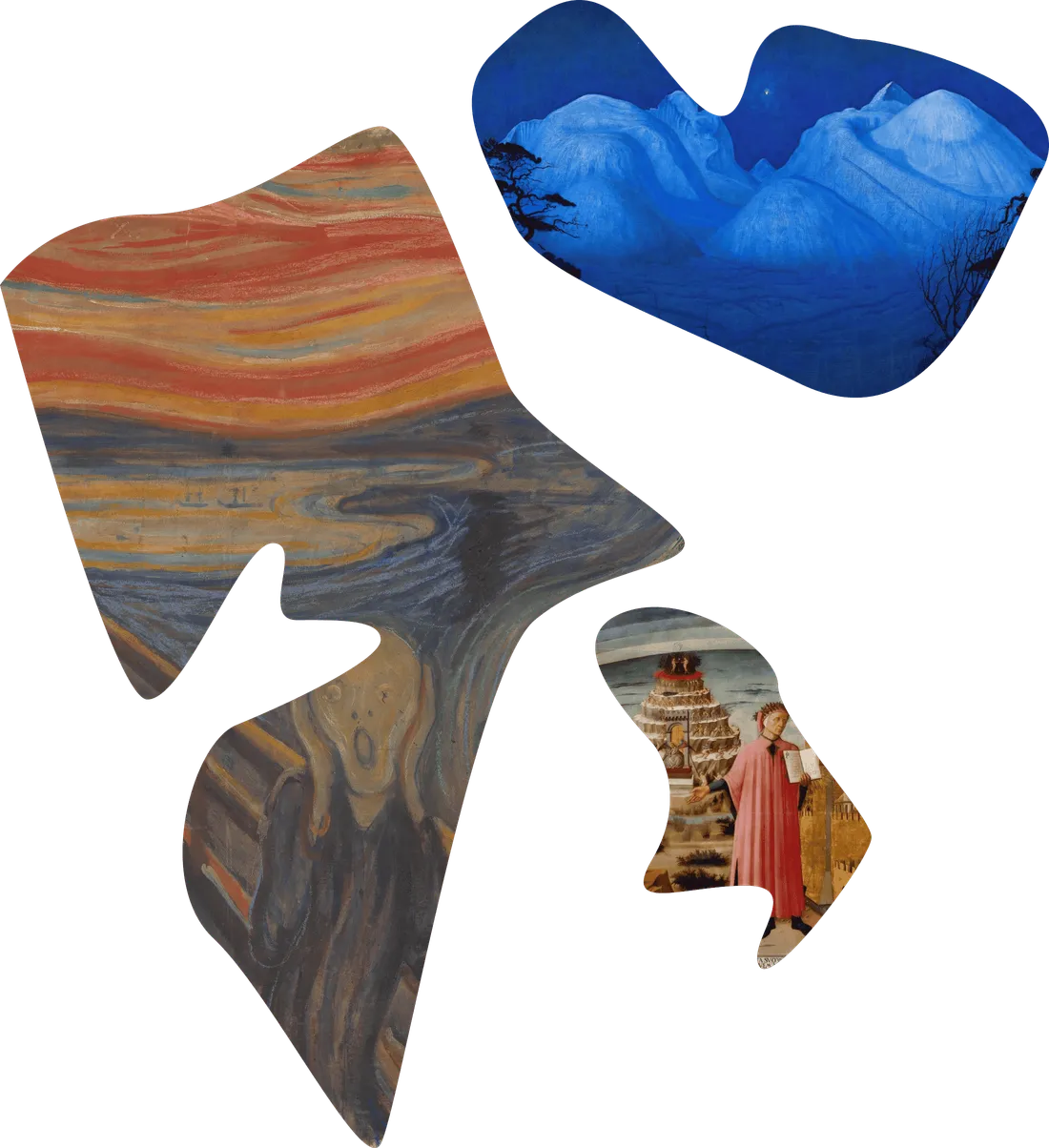 A map of Svalbard with artworks masked inside the shape of the archipelago.